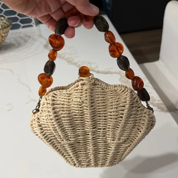 Sun N Sand Woven Shell-Shaped Handbag with Beaded Handle - Picture 5 of 9